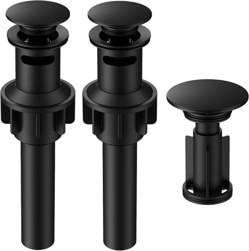 Hurran Bathroom Sink Drain with Overflow, Universal Bathroom Sink Stopper for Bathroom Vanity Vessel Sink, Rapid Draining Plastic Pop-up Sink Drain with Hair Catcher Anti-Clog Strainer, 2 Pack, Matte Black - Image 1