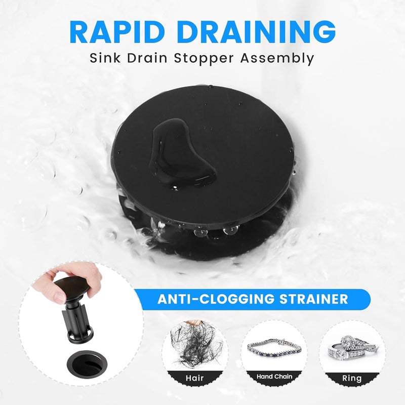 Hurran Bathroom Sink Drain with Overflow, Universal Bathroom Sink Stopper for Bathroom Vanity Vessel Sink, Rapid Draining Plastic Pop-up Sink Drain with Hair Catcher Anti-Clog Strainer, 2 Pack, Matte Black - Image 4