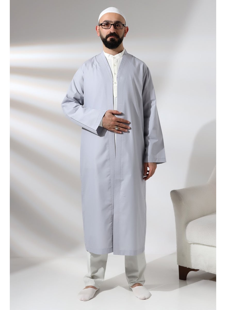 İhvan Online Ihvan Online Gray Men's Prayer Dress V Neck Buttonless Open Front Prayer Robe  - Image 1