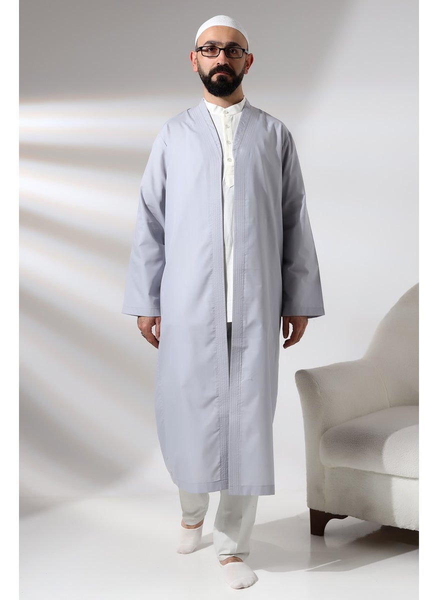 İhvan Online Ihvan Online Gray Men's Prayer Dress V Neck Buttonless Open Front Prayer Robe  - Image 4