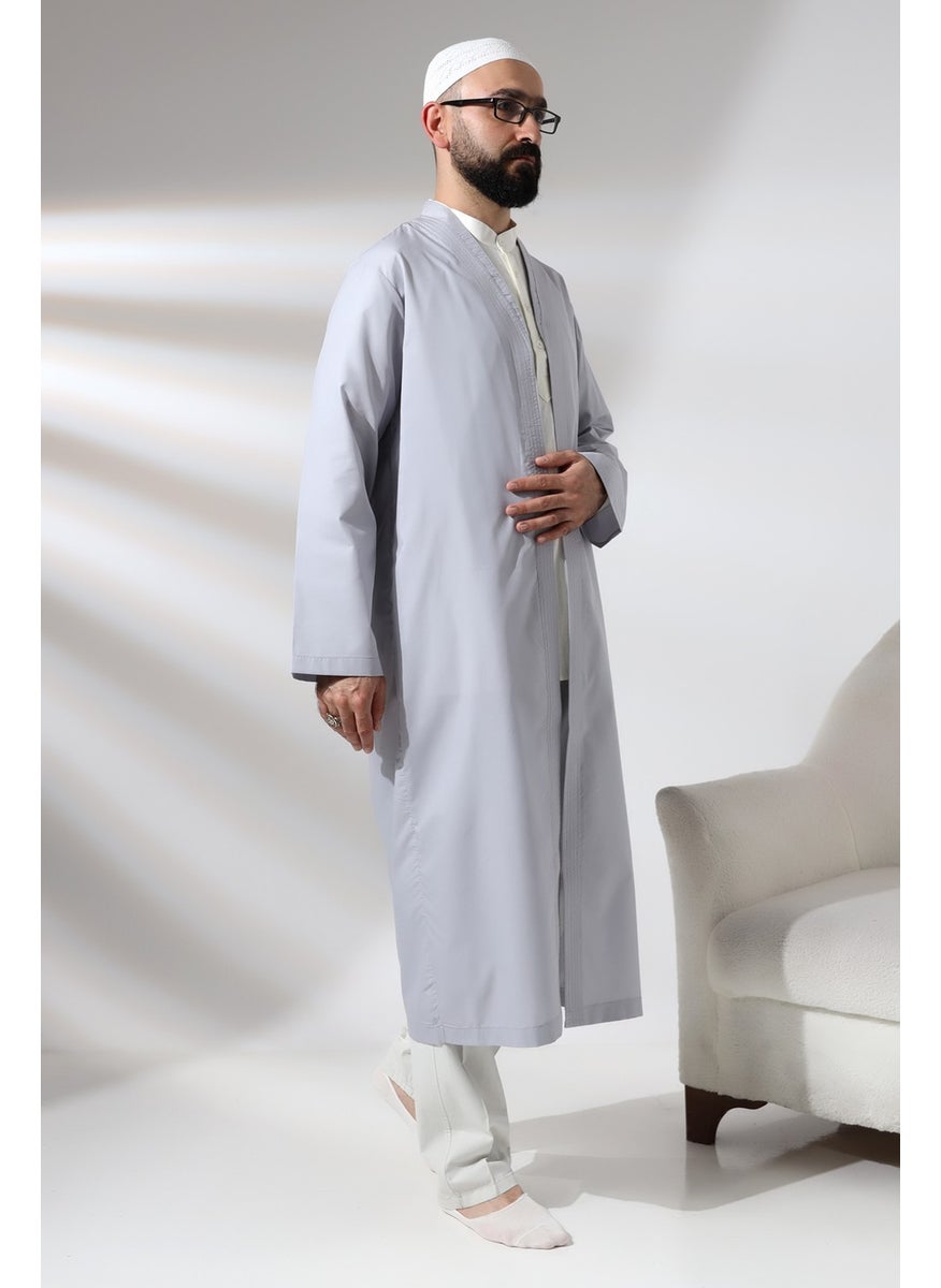 İhvan Online Ihvan Online Gray Men's Prayer Dress V Neck Buttonless Open Front Prayer Robe  - Image 3