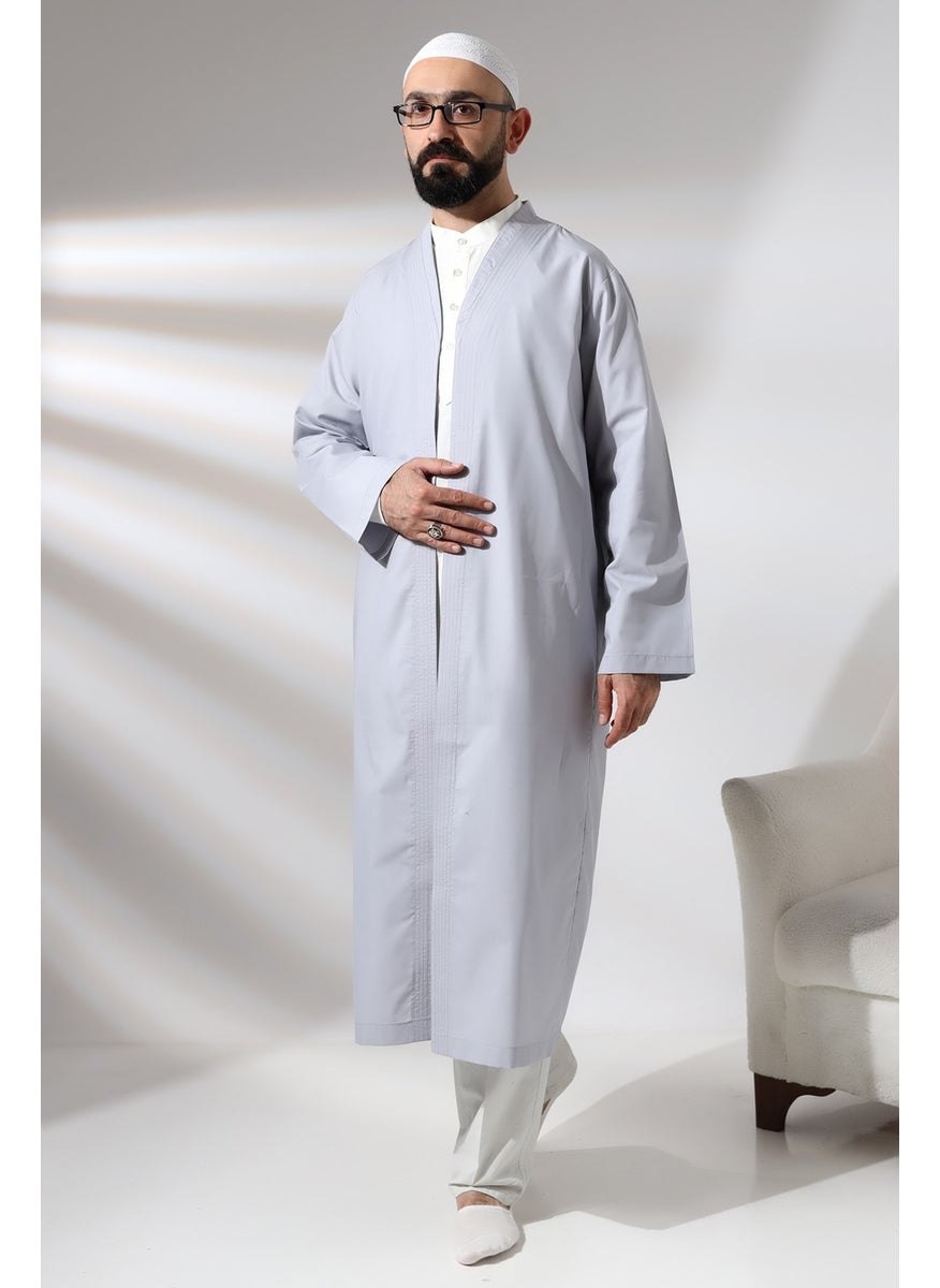 İhvan Online Ihvan Online Gray Men's Prayer Dress V Neck Buttonless Open Front Prayer Robe  - Image 2