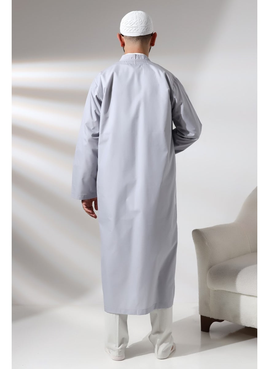 İhvan Online Ihvan Online Gray Men's Prayer Dress V Neck Buttonless Open Front Prayer Robe  - Image 5