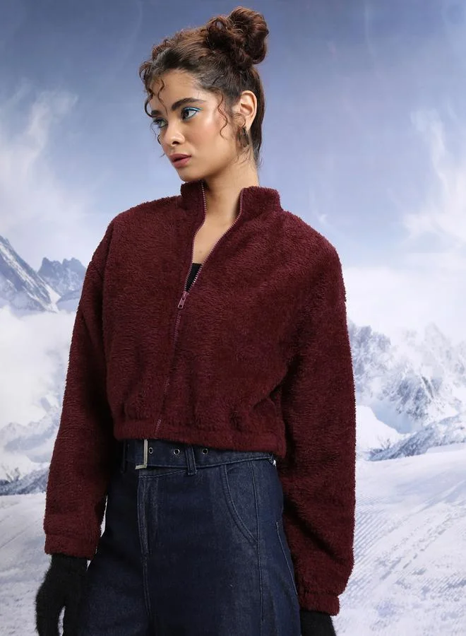 Tokyo Talkies Stand Collar Faux Fur Trim Open Front Crop Jacket by Styli