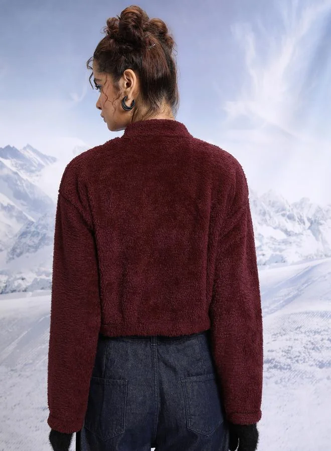 Tokyo Talkies Stand Collar Faux Fur Trim Open Front Crop Jacket by Styli