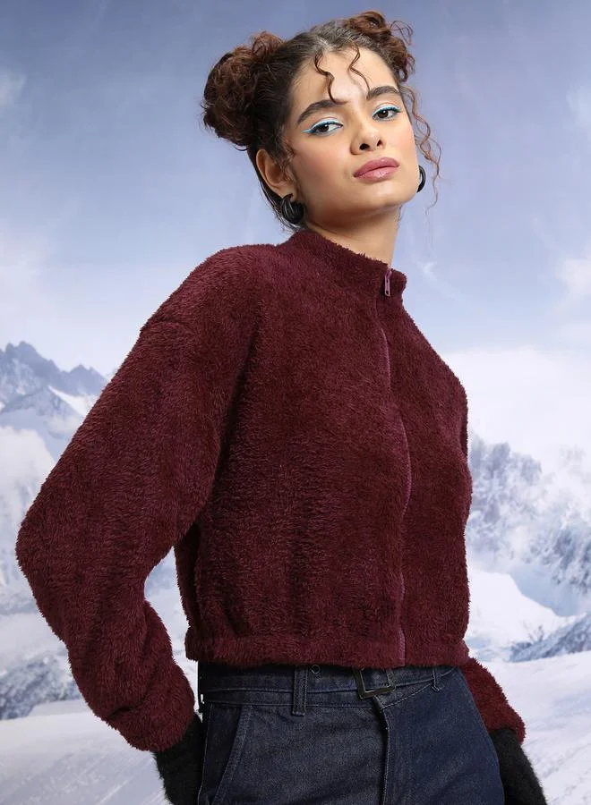 Tokyo Talkies Stand Collar Faux Fur Trim Open Front Crop Jacket by Styli