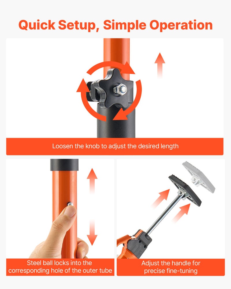 VEVOR Cabinet Jack Support Pole, 2-Pack, 49.2-114.6 Inch Steel Telescopic Quick Support Rod, Adjustable 3rd Hand System up to 198 lbs Capacity for Installing Cabinets, Lifting Drywall, Cargo Bars - Image 4