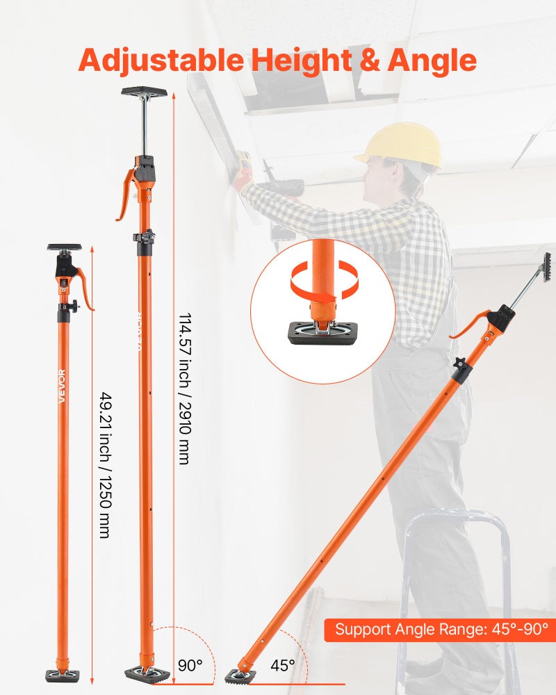 VEVOR Cabinet Jack Support Pole, 2-Pack, 49.2-114.6 Inch Steel Telescopic Quick Support Rod, Adjustable 3rd Hand System up to 198 lbs Capacity for Installing Cabinets, Lifting Drywall, Cargo Bars - Image 2