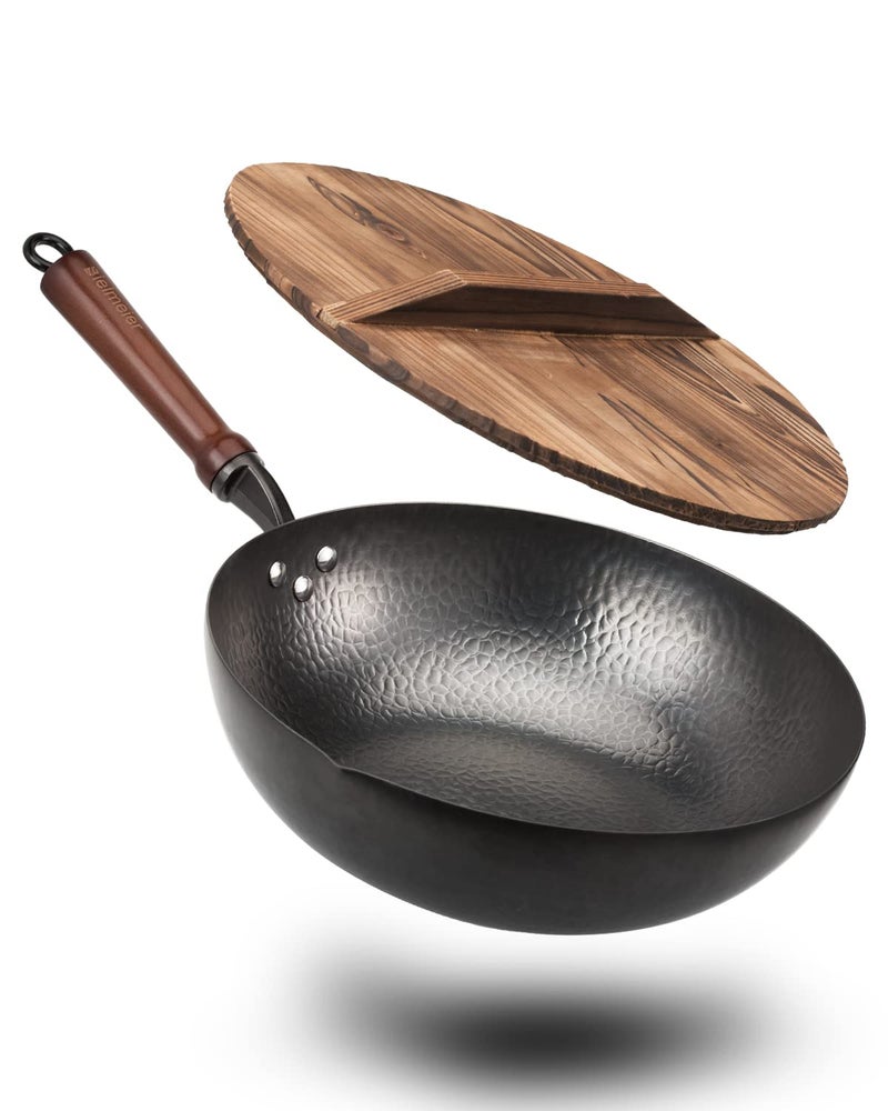 BIELMEIER 125 Wok Pan Woks and Stir Fry Pans Carbon Steel Wok Flat Bottom Wok with Lid Suits for all Stoves