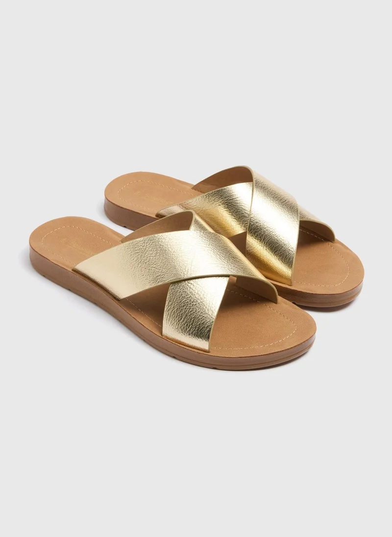 Matalan Gold Faux Leather Cross Strap Sandals