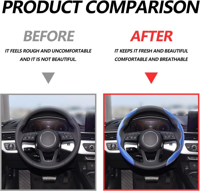 Carbon Fiber Steering Wheel Cover: 2pcs Blue, High-quality Durable Breathable Anti-slip, Universal Steering Wheel Cover - Easy Installation Segmented Design, Steering Wheel Protector for 14.5 To 16 In - Image 4