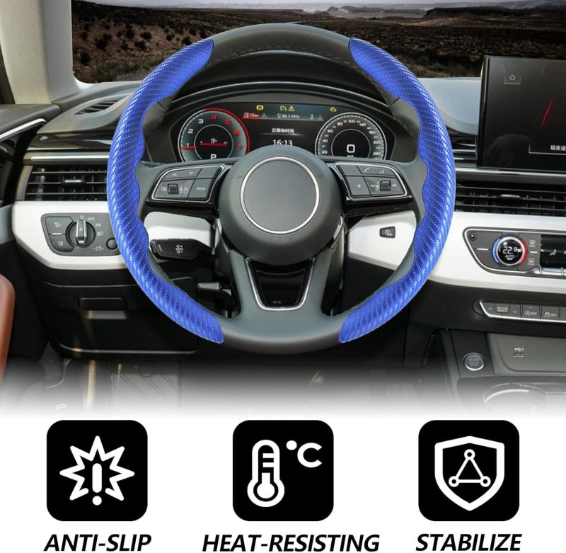 Carbon Fiber Steering Wheel Cover: 2pcs Blue, High-quality Durable Breathable Anti-slip, Universal Steering Wheel Cover - Easy Installation Segmented Design, Steering Wheel Protector for 14.5 To 16 In - Image 5
