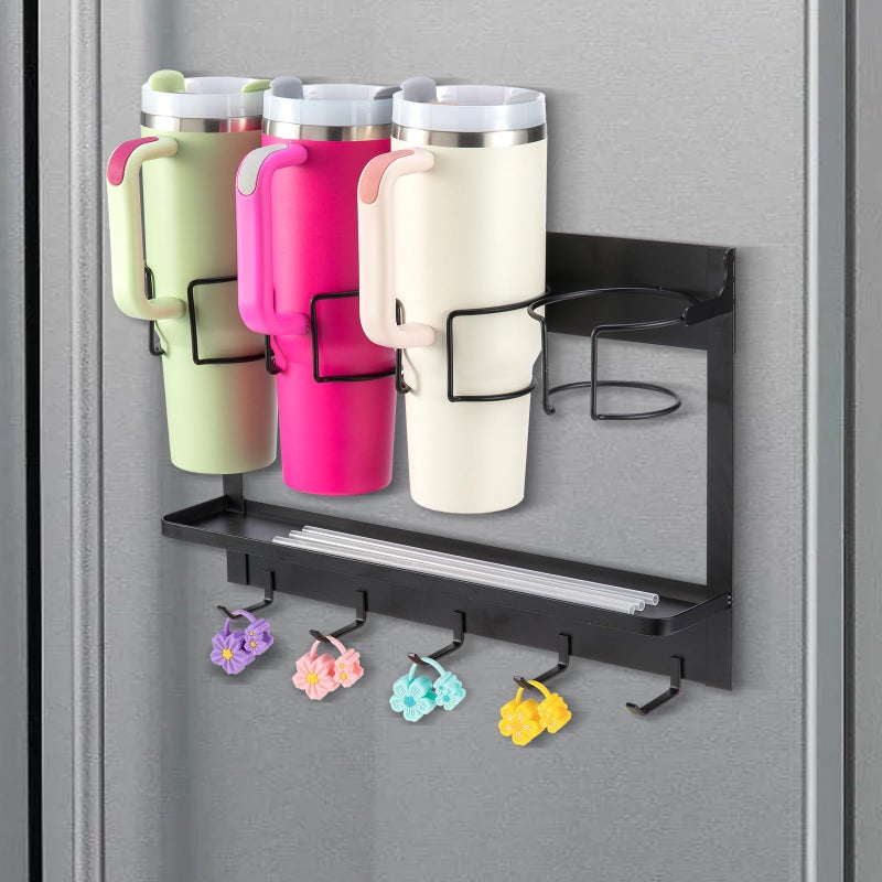 CINPIUK Water Bottle Organizer Holder, Magnetic Cup Rack Storage for Stanley & Large Tumbler, Space Saving Wall Mount Self-Adhesive Bottle Organizer with 5 Hook, Easy to Install - Image 1