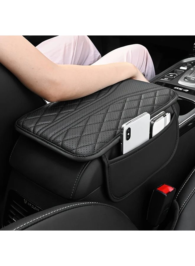 Black PU Leather Car Armrest Cushion with Side Storage Bag Durable Vehicle Interior Accessory - Image 1