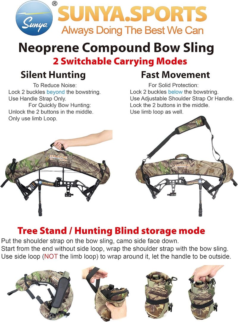 Sunya Neoprene Compound Bow Sling, Silent Hunting or Fast Movement 2 Carrying Modes Switchable. Removable & Adjustable Shoulder Strap. Camouflage Fabric. - Image 2