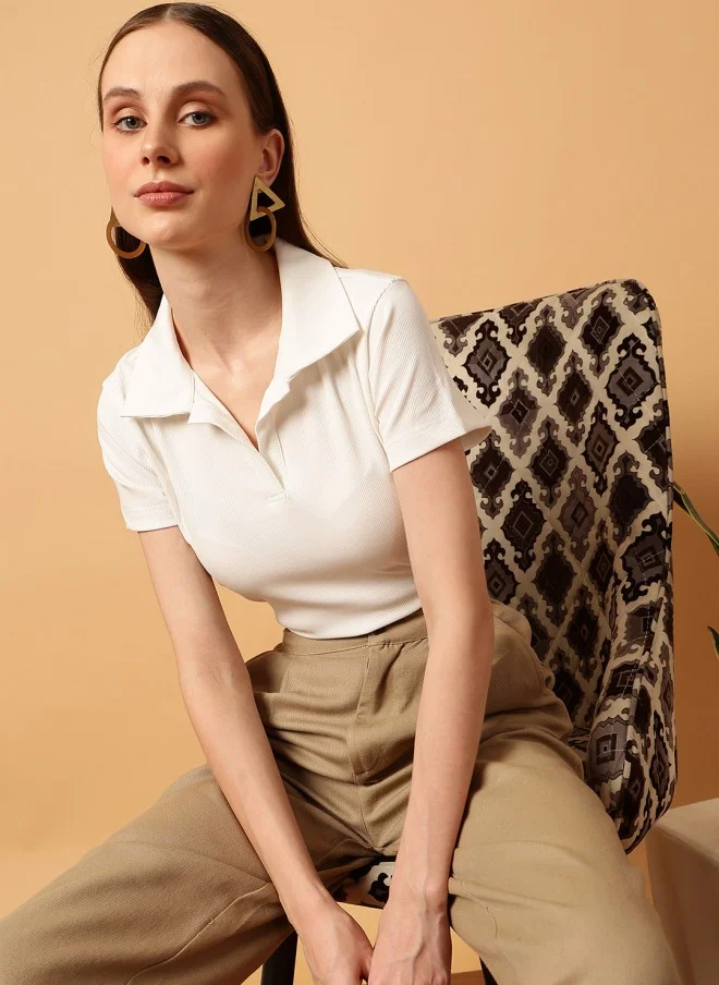 MINT STREET Slim Fit White Polo Collar T-Shirt for Women