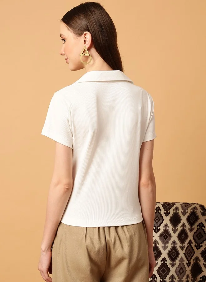 MINT STREET Slim Fit White Polo Collar T-Shirt for Women