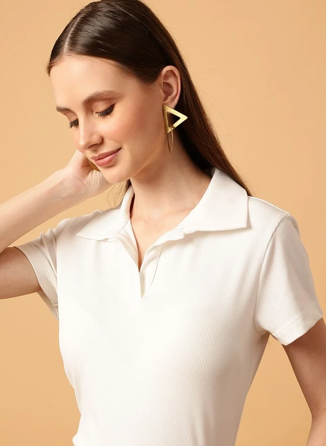 MINT STREET Slim Fit White Polo Collar T-Shirt for Women