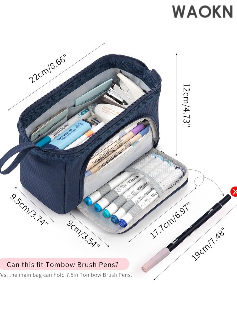 دبليو أيه أو كي أن حافظة أقلام فاخرة ذات سعة كبيرة - منظم جيب أقلام متعدد الأقسام واسع للغاية للمدرسة والجامعة والمكتب والسفر - حامل أنيق ومتين بسحاب للأقلام والعلامات ومستحضرات التجميل ولوازم الفن - هدية مثالية للطلاب والمراهقين والأولاد والبنات والرجال والنساء (أزرق داكن) - Image 3
