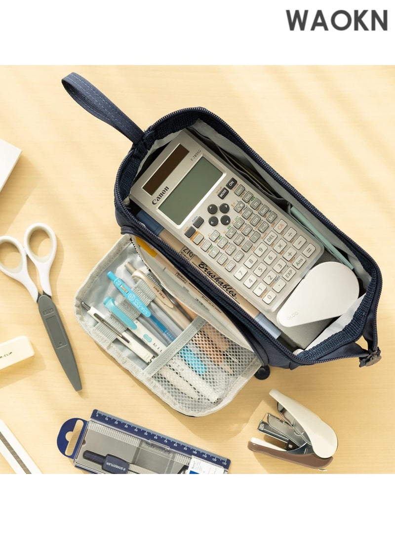 دبليو أيه أو كي أن حافظة أقلام فاخرة ذات سعة كبيرة - منظم جيب أقلام متعدد الأقسام واسع للغاية للمدرسة والجامعة والمكتب والسفر - حامل أنيق ومتين بسحاب للأقلام والعلامات ومستحضرات التجميل ولوازم الفن - هدية مثالية للطلاب والمراهقين والأولاد والبنات والرجال والنساء (أزرق داكن) - Image 4