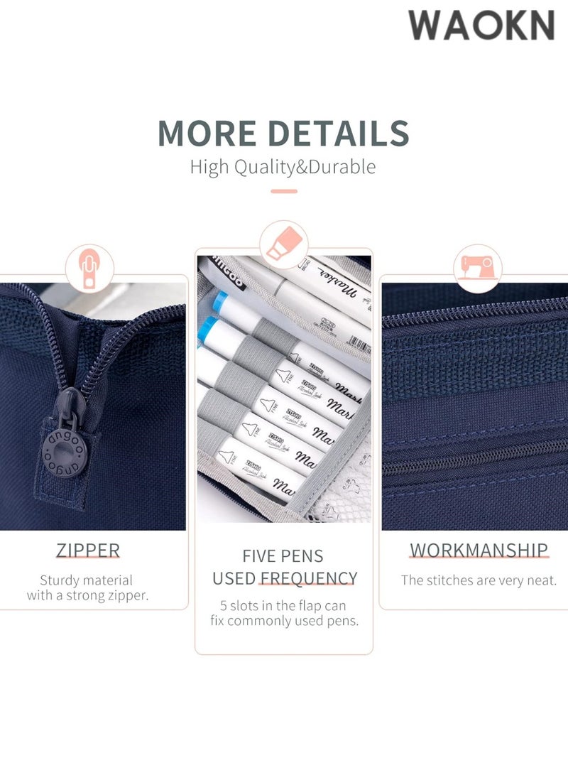 دبليو أيه أو كي أن حافظة أقلام فاخرة ذات سعة كبيرة - منظم جيب أقلام متعدد الأقسام واسع للغاية للمدرسة والجامعة والمكتب والسفر - حامل أنيق ومتين بسحاب للأقلام والعلامات ومستحضرات التجميل ولوازم الفن - هدية مثالية للطلاب والمراهقين والأولاد والبنات والرجال والنساء (أزرق داكن) - Image 2