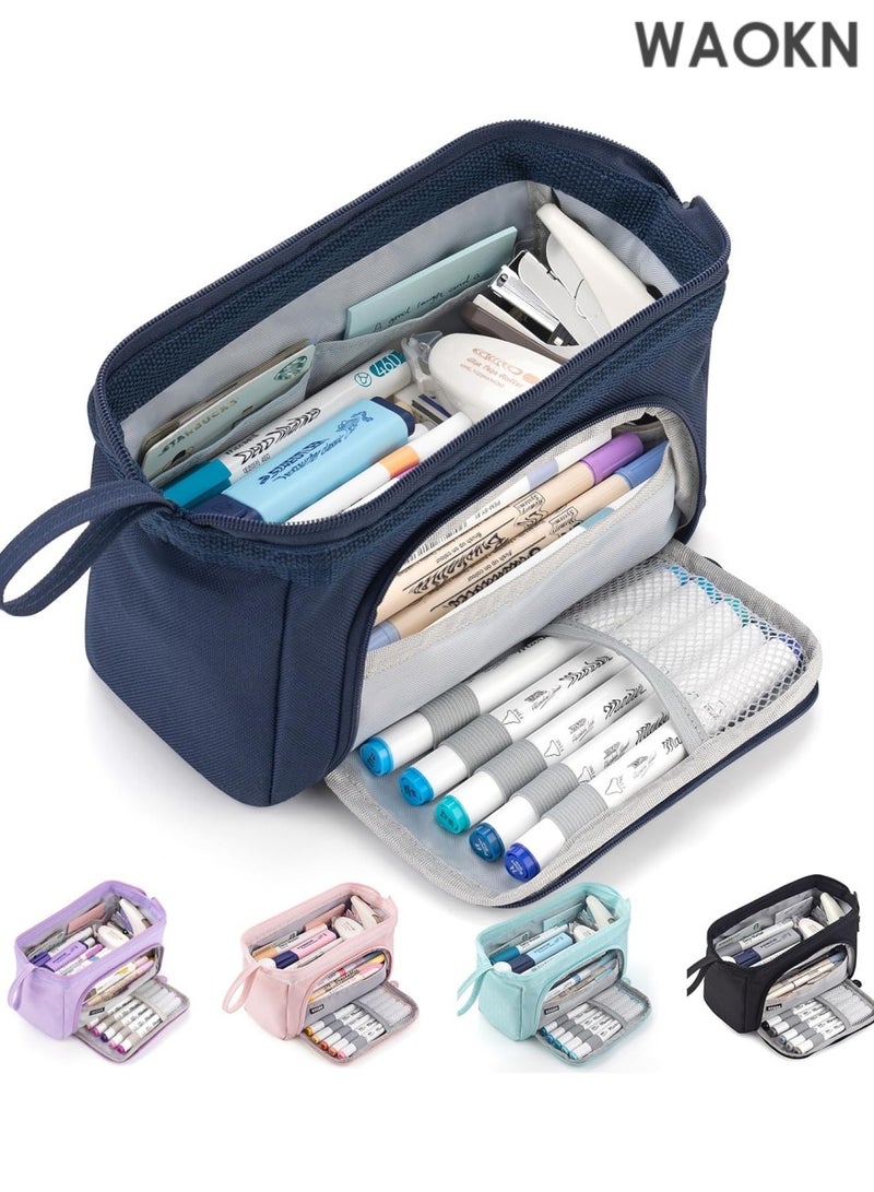دبليو أيه أو كي أن حافظة أقلام فاخرة ذات سعة كبيرة - منظم جيب أقلام متعدد الأقسام واسع للغاية للمدرسة والجامعة والمكتب والسفر - حامل أنيق ومتين بسحاب للأقلام والعلامات ومستحضرات التجميل ولوازم الفن - هدية مثالية للطلاب والمراهقين والأولاد والبنات والرجال والنساء (أزرق داكن) - Image 1