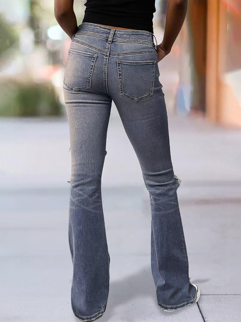 Flamingals Women's Bell Bottom Jeans Flared Ripped Stretchy Mid Rise Cut Out Distressed Denim Bootcut Jeans Denim Blue M - Image 3