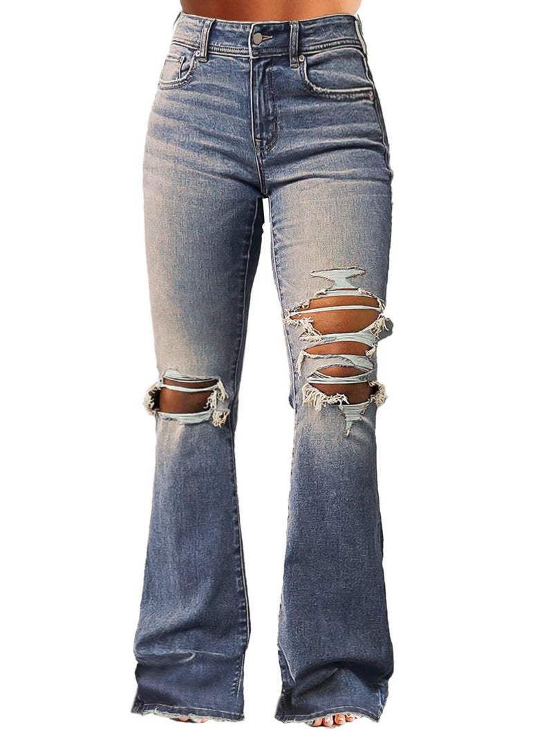 Flamingals Women's Bell Bottom Jeans Flared Ripped Stretchy Mid Rise Cut Out Distressed Denim Bootcut Jeans Denim Blue M - Image 1