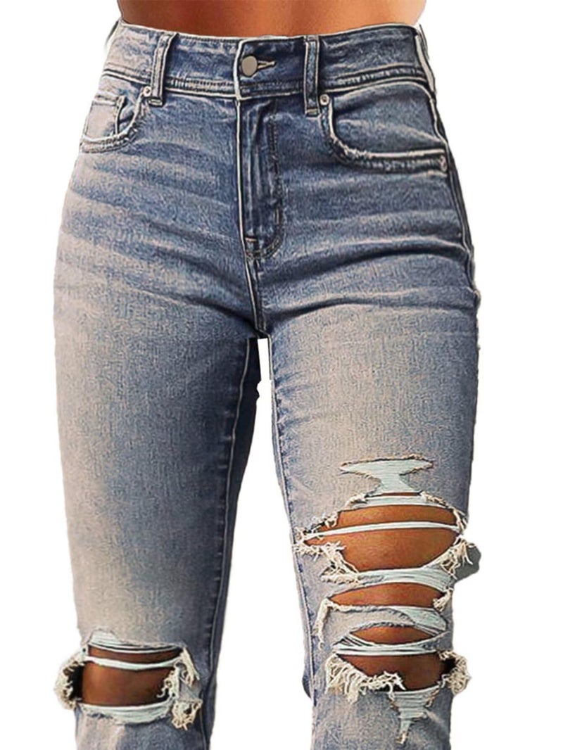 Flamingals Women's Bell Bottom Jeans Flared Ripped Stretchy Mid Rise Cut Out Distressed Denim Bootcut Jeans Denim Blue M - Image 4