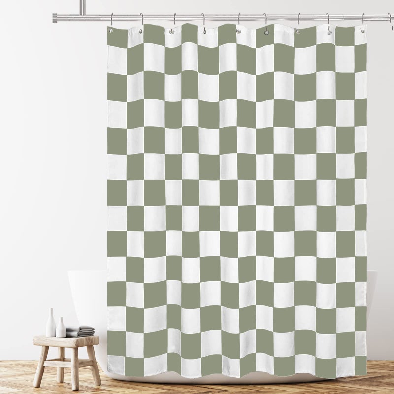 Tititex Aesthetic Checkerboard Grid Pattern Shower Curtain  White Sage Green Modern Shower Curtain Sets Decoration 71x71 Inch with Hooks - Image 3