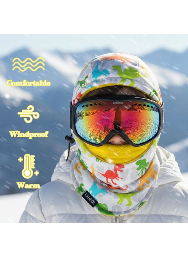 Labeol Kids Balaclava Ski Mask, Winter Windproof Thick Warm Fleece Face Cover with Adjustable Zippers for Boys Girls, Dinosaur White, 5-16 Years - Image 4