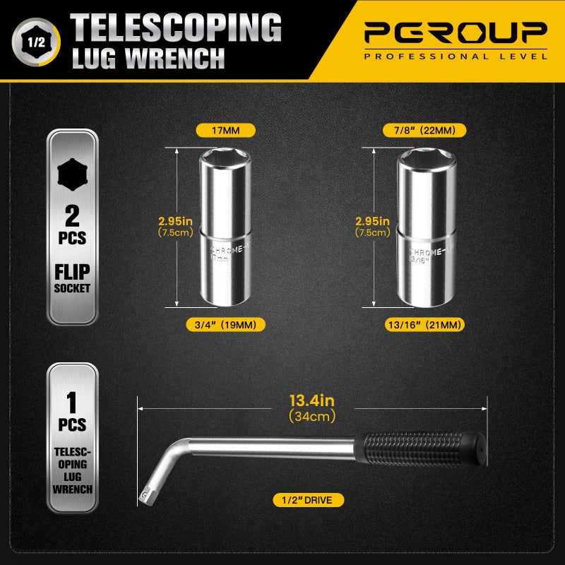 pgroup Telescoping Lug Wrench, Extended Lug Wheel Wrench with 17mm/19mm(3/4â€), 21mm(13/16â€)/22mm(7/8â€) Chrome Vanadium Steel Sockets for Car, Truck, Vans - Image 2