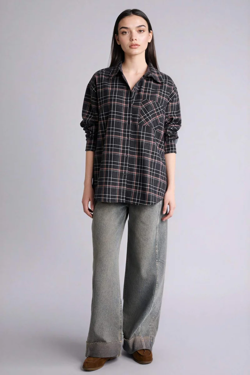 ديفاكتو Oversize Fit Shirt Collar Flanel Plaid Long Sleeve Shirt