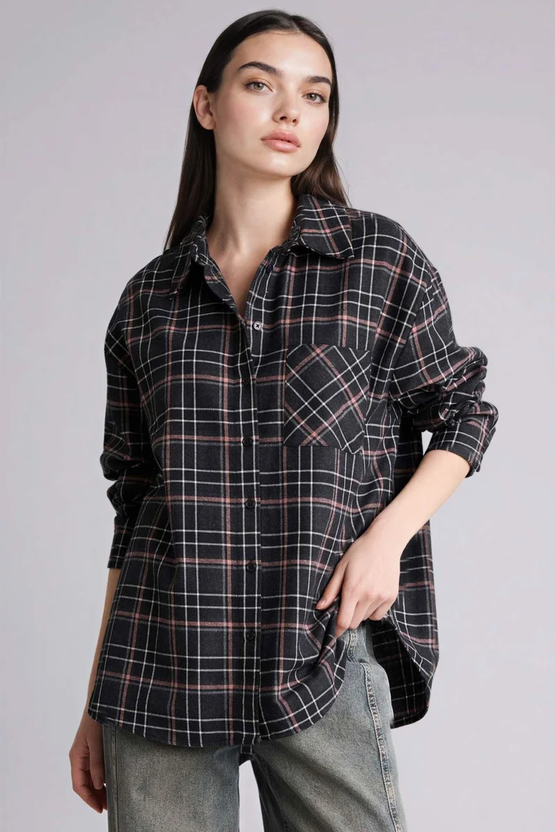 ديفاكتو Oversize Fit Shirt Collar Flanel Plaid Long Sleeve Shirt