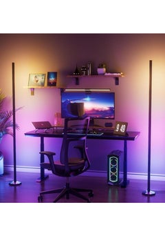 ماركة غير محددة 2 قطعة مصباح أرضي LED ذكي، 47 بوصة أوضاع عكس الضوء RGB مصباح زاوية متغير اللون مع جهاز التحكم عن بعد والتحكم في التطبيق، 16 مليون لون، مزامنة الموسيقى، مصباح قائم قابل للفصل لغرفة المعيشة وغرفة النوم والألعاب باللون الأسود 12x10x5  - Image 1
