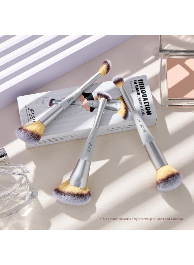 Jessup Face Makeup Brush Set 3pcs Double Sided Makeup Brushes for Foundation Contour Blush Highlight Concealer, Cruelty Free Cosmetic Tools Quiet Gray T521 - Image 2