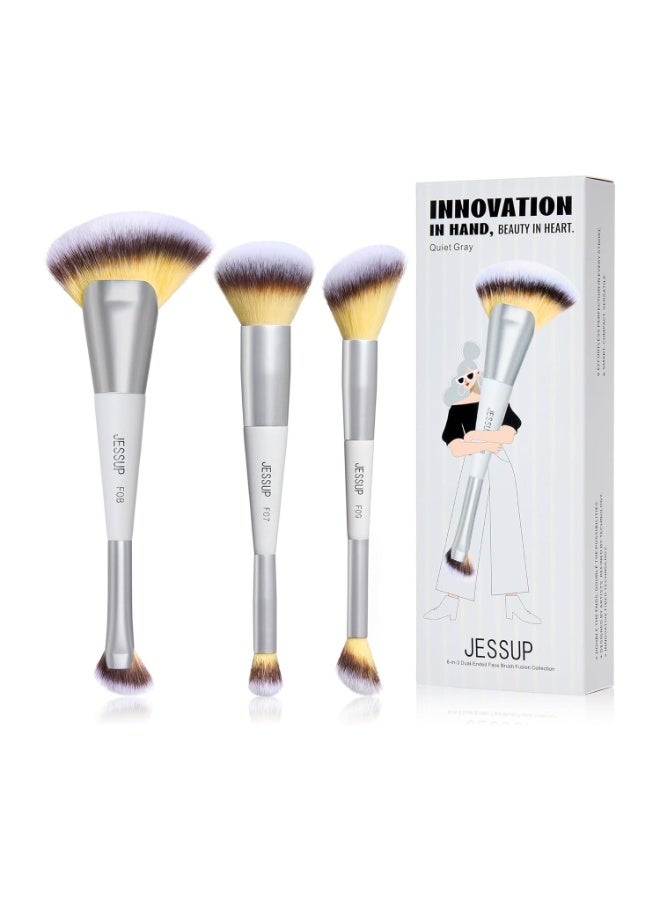 Jessup Face Makeup Brush Set 3pcs Double Sided Makeup Brushes for Foundation Contour Blush Highlight Concealer, Cruelty Free Cosmetic Tools Quiet Gray T521 - Image 1