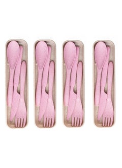 Wheat Straw Cutlery Set - Set of 4 Portable Fork and Spoon Set with Travel Case & Spoon Box for School | Unbreakable, Reusable, Light Weight, EcoFriendly & Dishwasher Safe - Pink Plush