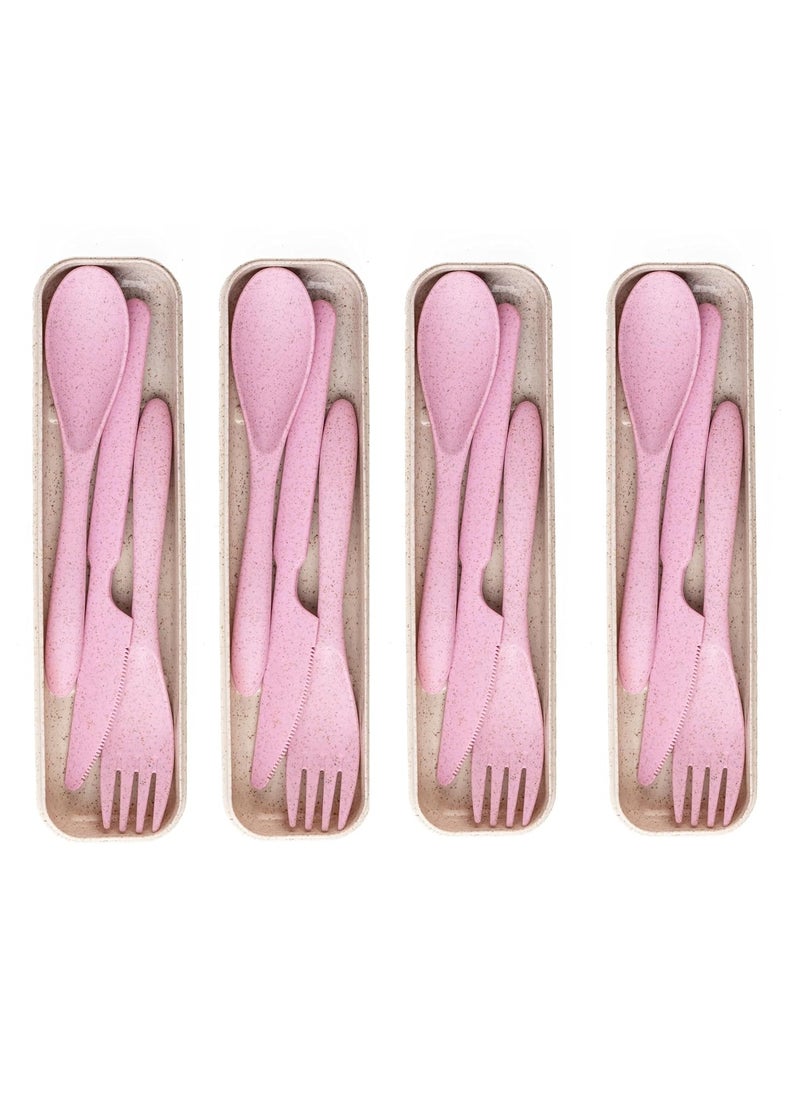 IRIDA NATURALS - Wheat Straw Cutlery Set - Set of 4 Portable Fork and Spoon Set with Travel Case & Spoon Box for School | Unbreakable, Reusable, Light Weight, EcoFriendly & Dishwasher Safe - Pink Plush - Image 1
