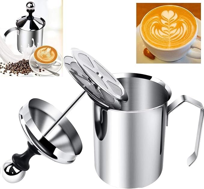 Bitnex Premium Stainless Steel Milk FrotherCoffee Frother Blender400ml Manual Coffee Frother Cappuccino Foam Maker for Hot and Cold Coffee Milk Beverages with DoubleMesh Aerator Handle and Lid - Image 1