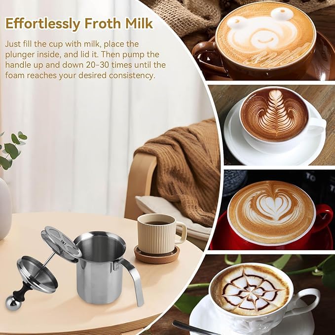 Bitnex Premium Stainless Steel Milk FrotherCoffee Frother Blender400ml Manual Coffee Frother Cappuccino Foam Maker for Hot and Cold Coffee Milk Beverages with DoubleMesh Aerator Handle and Lid - Image 2