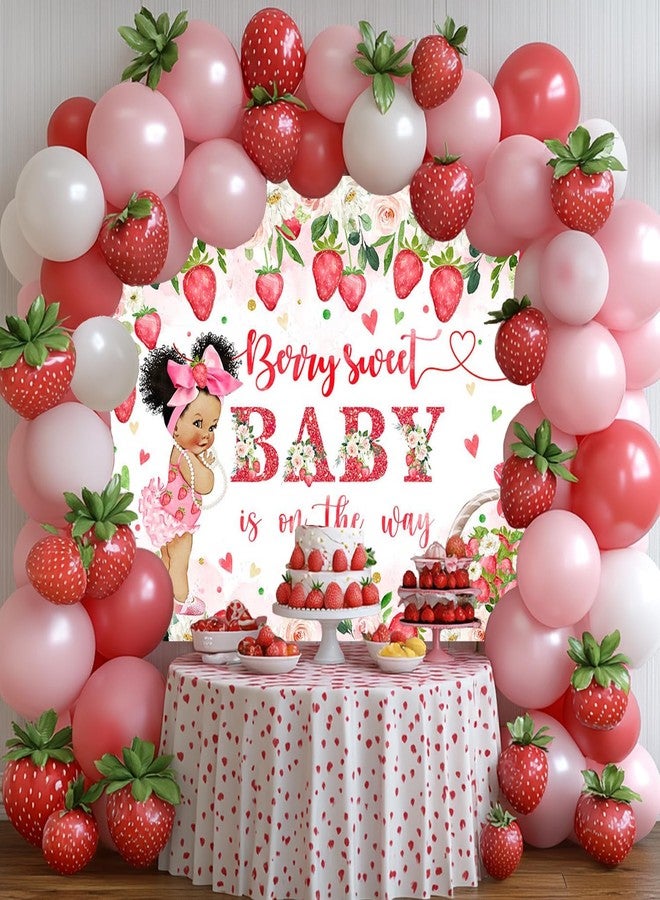 Mocsicka Strawberry Baby Shower Backdrop Berry Sweet Baby is on The Way Party Decorations Pink Flower Strawberry for Girls Baby Shower Photography Background (Red, 7x5ft(82''x60'')) - Image 5