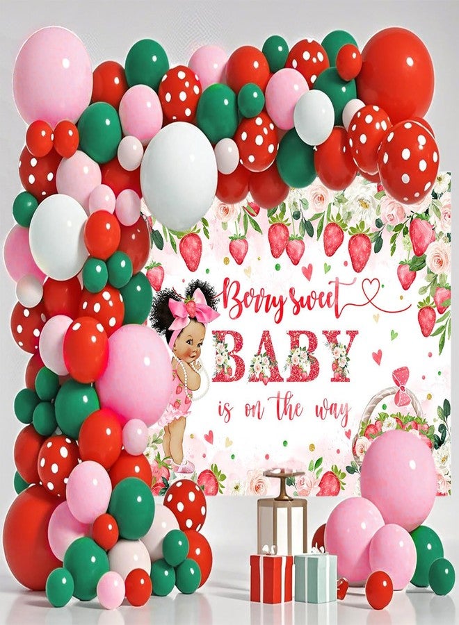Mocsicka Strawberry Baby Shower Backdrop Berry Sweet Baby is on The Way Party Decorations Pink Flower Strawberry for Girls Baby Shower Photography Background (Red, 7x5ft(82''x60'')) - Image 2