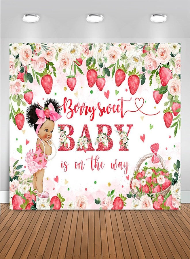 Mocsicka Strawberry Baby Shower Backdrop Berry Sweet Baby is on The Way Party Decorations Pink Flower Strawberry for Girls Baby Shower Photography Background (Red, 7x5ft(82''x60'')) - Image 1