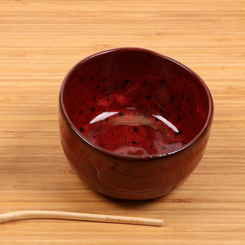 BambooMN Matcha Traditional Tea Bowl, Deep Red with Black, 1 Piece - Image 2