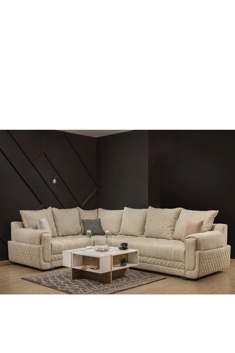 ركنة حرف L مودرن – قماش جلد مقلوب وخشب زان أحمر – مقاس 230×220 سم