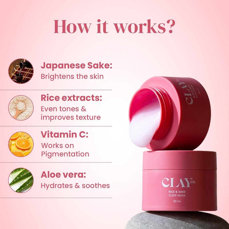 Clayco Hydrating Rice  Sake Sleep Mask 50 ML  Clay Face Mask for Glowing Skin  Japanese Skincare Collagen Mask  SulfateFree Vegan Night Cream For Women  Best Skin Care Product For Glass Skin - Image 3