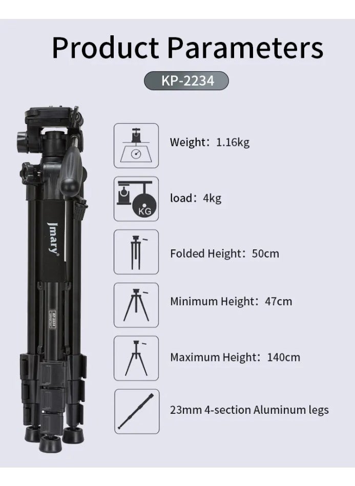 Professional Tripod for Digital Cameras and DSLRs KP-2234 , Sturdy Aluminum Base, 360° Rotation for Precise Panoramic Shooting, Sleek and Lightweight Design, Compatible with Most Cameras , Ideal for Photographers, Vloggers, and Content Creators - Black