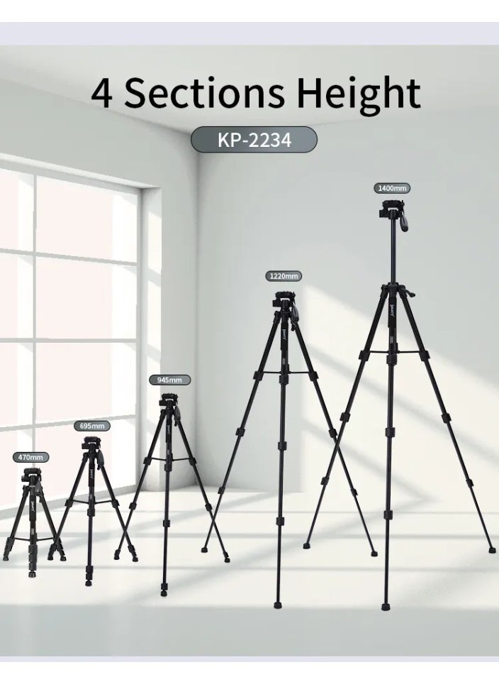 Professional Tripod for Digital Cameras and DSLRs KP-2234 , Sturdy Aluminum Base, 360° Rotation for Precise Panoramic Shooting, Sleek and Lightweight Design, Compatible with Most Cameras , Ideal for Photographers, Vloggers, and Content Creators - Black