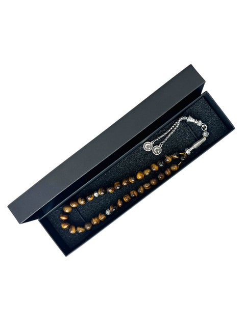 Prayer Beads 33 Natural Tiger Eye Stone Tasbih Beads Handmade Islamic Misbaha Rosary Beads 8mm with Box and Metallic Tassel Gift for Ramadan Eid